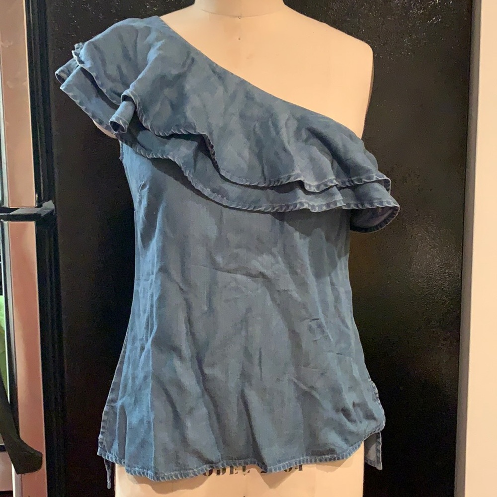 Chambray One shoulder Ruffle Top NWOT